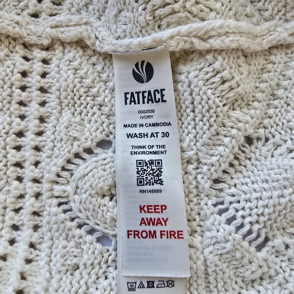 Fat Face Annabelle Cream Patchwork Cotton Crochet Open Cardigan Sweater Size 14 - Picture 7 of 8